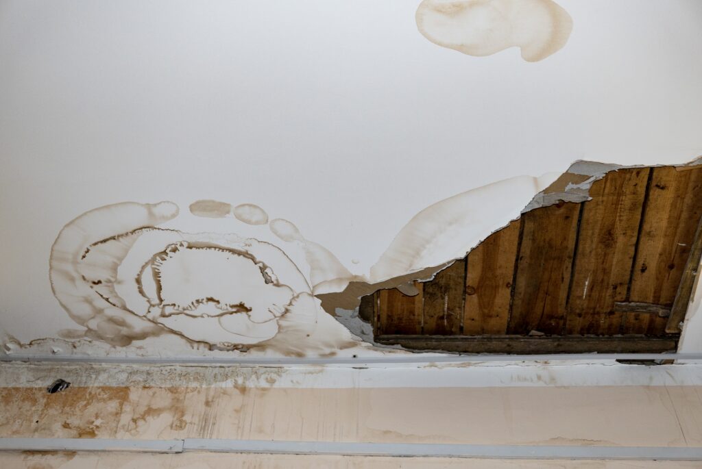 Flooding rainwater, causing damage, peeling paint and mildew.